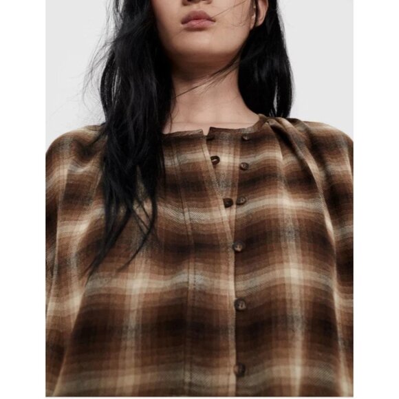 ZARA WOOL BROWN PLAID LONG SLEEVE 1/2 BUTTON UP TOP - Picture 2 of 8